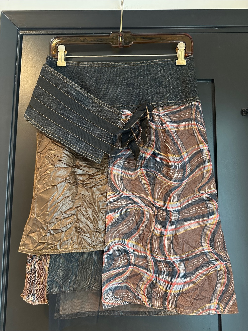 Asymmetrical Patchwork Midi Skirt in Brown Plaid